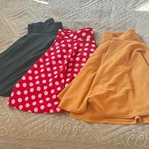 Three-Pack Flared Skirt Set — Red Polka Dot, Deep Green & Mustard